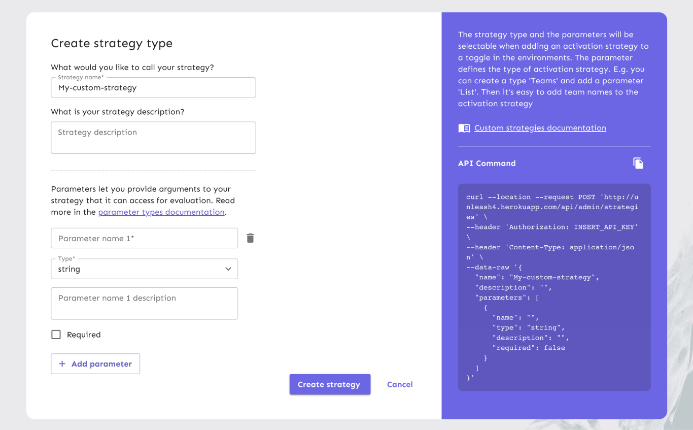 A strategy creation form. It has fields labeled "strategy name" — "TimeStamp" — and "description" — "activate toggle after a given timestamp". It also has fields for a parameter named "enableAfter". The parameter is of type "string" and the parameter description is "Expected format: YYYY-MM-DD HH". The parameter is required.